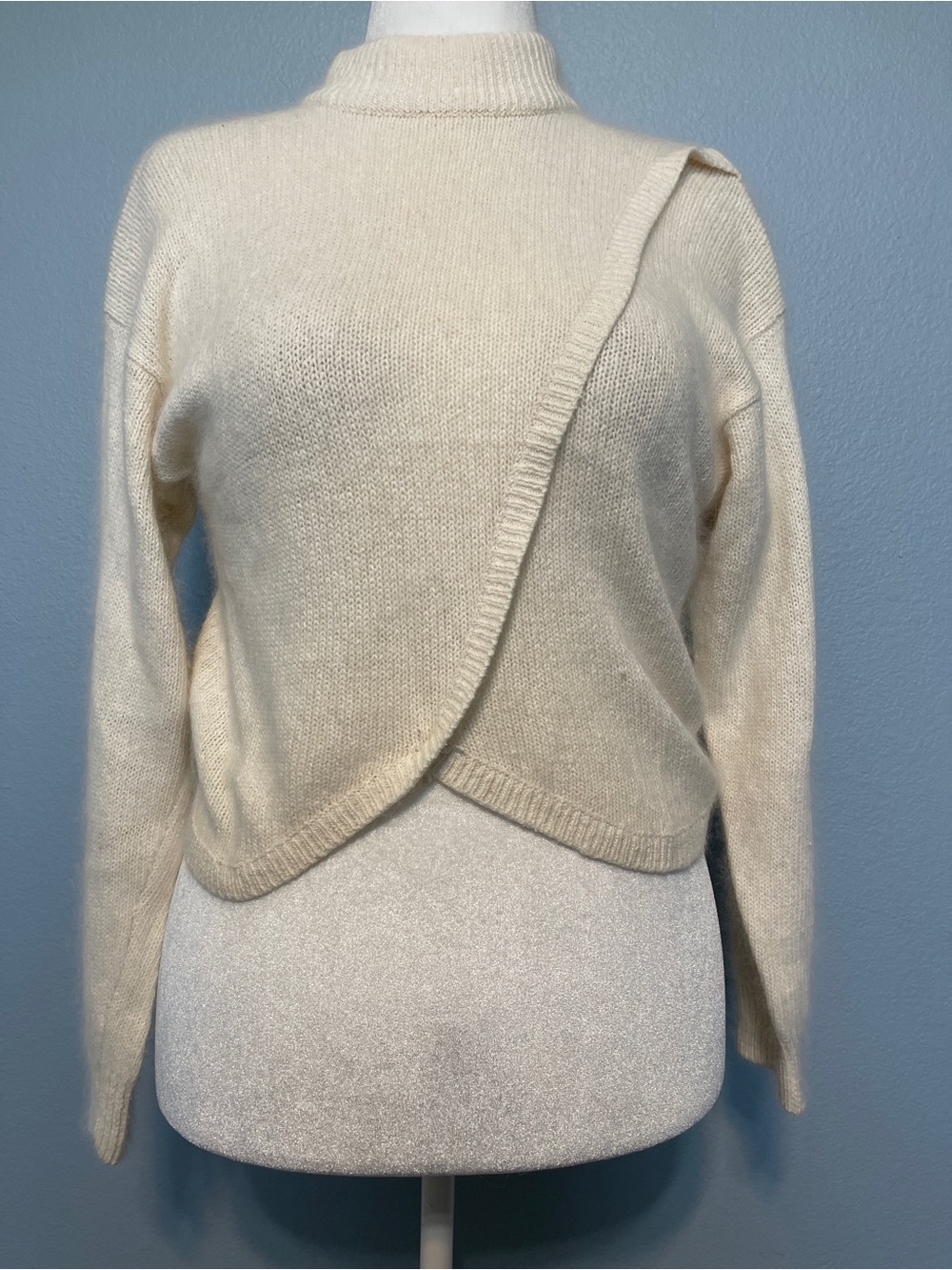 Vintage Angora Lambswool Silk Knit Sweater Cream Ivory Asymmetrical Medium